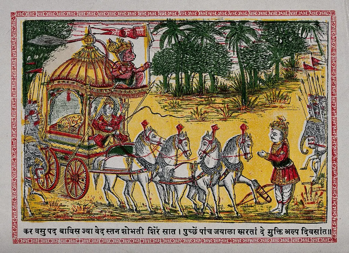 A chromolithograph depicts Arjuna receiving the Bhagavad Gita from Krishna on the Kurukshetra battlefield. In his instructions, Krishna prized action over renunciation. A chromolithograph depicts Arjuna receiving the Bhagavad Gita from Krishna on the Kurukshetra battlefield. In his instructions, Krishna prized action over renunciation.