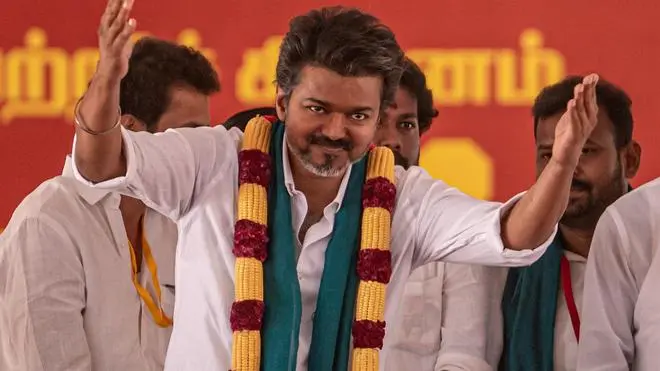 Tamilaga Vettri Kazhagam chief Vijay at a public rally in Thanjavur on March 4, 2026.