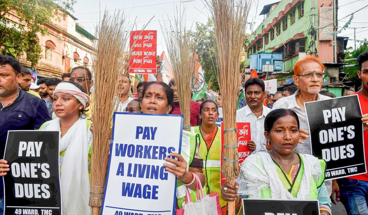 At a protest by Trinamool Congress activists over the alleged non-payment of funds from the Centre for the MGNREGS, which reportedly held up wages meant for workers in West Bengal, in Kolkata on June 6, 2022. 