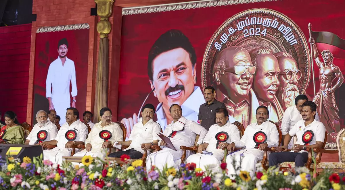 Tamil Nadu Chief Minister and DMK president M.K. Stalin along with the party’s senior leaders at the “Mupperum Vizha”, held to mark the 75th anniversary of the DMK, in Chennai on September 17. 