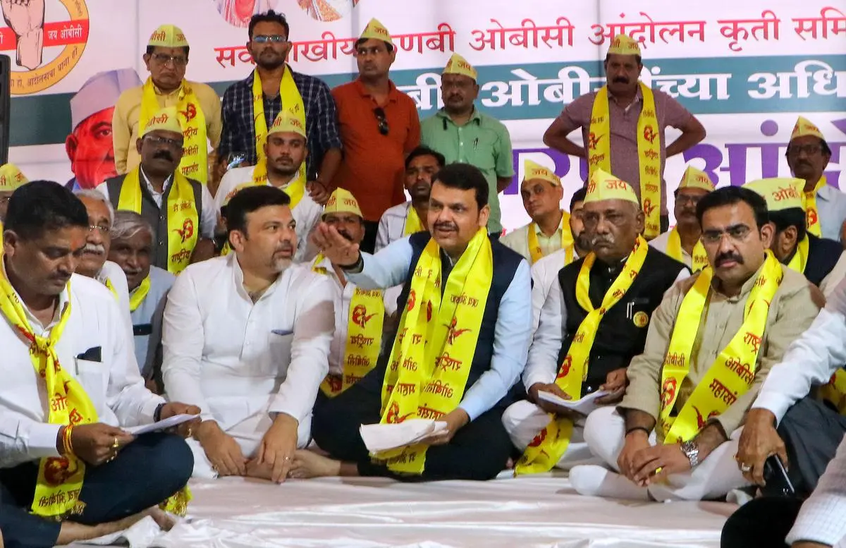 Maharashtra Dy CM Devendra Fadnavis during a meeting with all party Kunbi and OBC community members during their agitation at Samvidhan Square in Nagpur on September 16, 2023. Maharashtra Dy CM Devendra Fadnavis during a meeting with all party Kunbi and OBC community members during their agitation at Samvidhan Square in Nagpur on September 16, 2023.