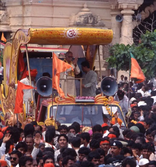 L.K. Advani begins his Somnath-Ayodhya rath yatra. L.K. Advani begins his Somnath-Ayodhya rath yatra.