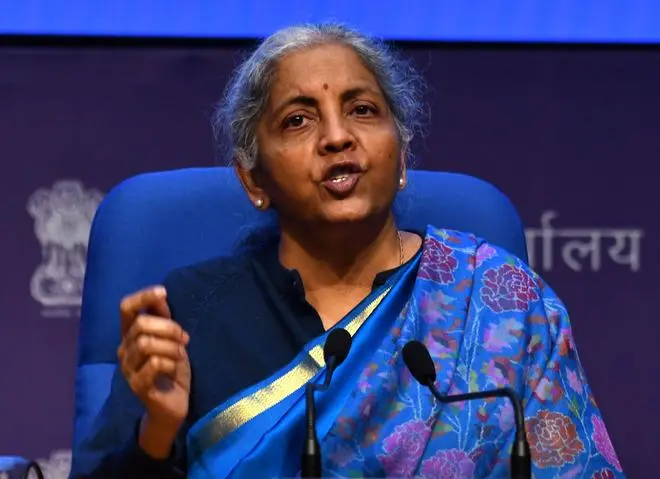 Union Finance Minister Nirmala Sitharaman addresses a news conference after a GST council meeting in December 2021.