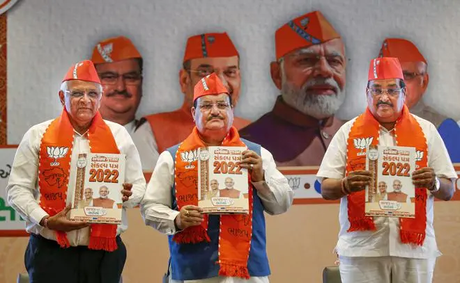Gujarat Chief Minister Bhupendra Patel, BJP National President J.P. Nadda, and State party chief C.R. Patil during the release of the party manifesto for the Gujarat Assembly election in Gandhinagar on November 26. Gujarat Chief Minister Bhupendra Patel, BJP National President J.P. Nadda, and State party chief C.R. Patil during the release of the party manifesto for the Gujarat Assembly election in Gandhinagar on November 26.