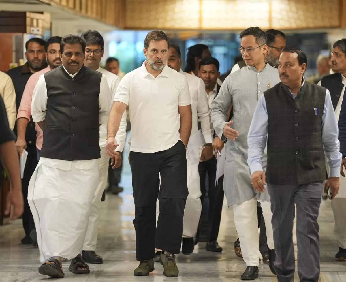 Leader of Opposition in Lok Sabha Rahul Gandhi with Gaurav Gogoi and other Congress MPs, arrives for a party meeting at Parliament House Annexe, in New Delhi on February 13, 2025.