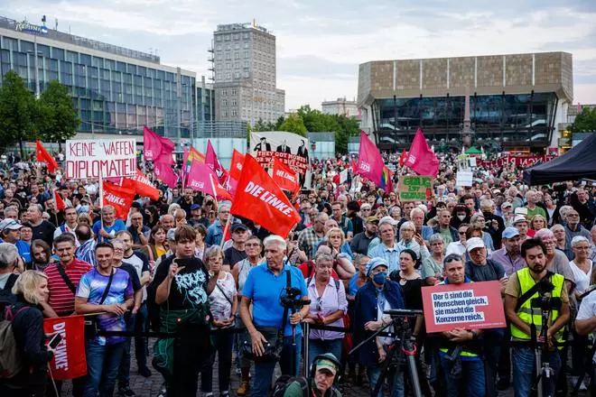 Supporters of the left-wing Die Linke party in Leipzig, Germany, demanding measures to alleviate the impact of high food and energy prices, on September 5.  Germany is likely to see a socially restive fall as people continue to struggle under the burden of skyrocketing inflation brought on by consequences from Russia’s ongoing war in Ukraine. 