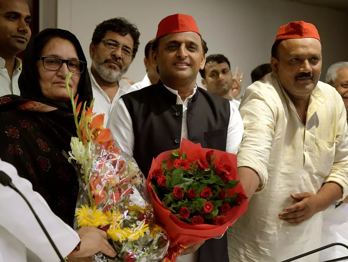 Samajwadi Party chief, Akhilesh Yadav, with Tabassum Hasan (left) at the SP office in Lucknow on June 6, 2018.