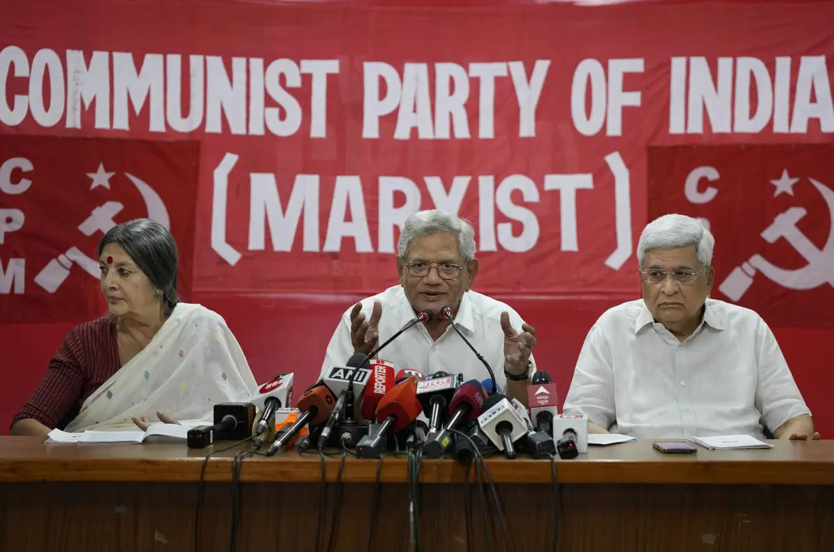 Communist Party of India (Marxist) General Secretary Sitaram Yechury (centre), Prakash Karat (right) and Brinda Karat release their party’s manifesto for the general elections, in New Delhi on April 4, 2024. Communist Party of India (Marxist) General Secretary Sitaram Yechury (centre), Prakash Karat (right) and Brinda Karat release their party’s manifesto for the general elections, in New Delhi on April 4, 2024.