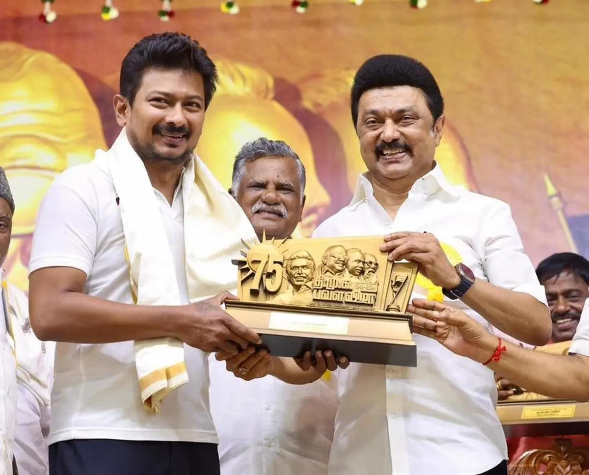 Chief Minister M.K. Stalin and his son Udhayanidhi Stalin, now the Deputy Chief Minister, during the 75th year celebrations of the DMK on September 28. 