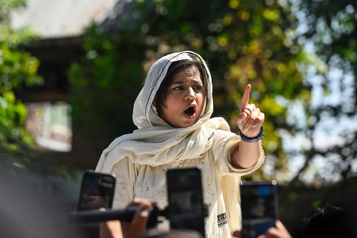 Iltija Mufti, candidate from Bijbehara constituency and daughter of former Chief Minister and PDP chief Mehbooba Mufti, addresses her supporters on September 18. Rashid’s ascendance could add to PDP’s existing crises and lead to further erosion of its already dwindling support.