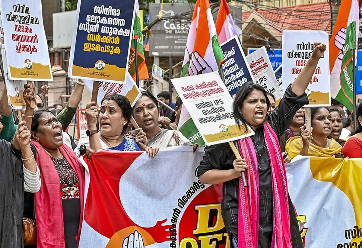 Mahila Congress activists stage a protest demanding a case against the perpetrators named in the Hema Committee report, in Thiruvananthapuram on August 21, 2024. Mahila Congress activists stage a protest demanding a case against the perpetrators named in the Hema Committee report, in Thiruvananthapuram on August 21, 2024.