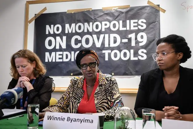 (from left) Oxfam health policy manager Anna Marriott, UNAIDS executive director Winnie Byanyima and Section27 legal researcher Baone Twala attend a press conference urging government to demand a real TRIPS waivers during the 12th WTO Ministerial Conference in Geneva on June 15. (from left) Oxfam health policy manager Anna Marriott, UNAIDS executive director Winnie Byanyima and Section27 legal researcher Baone Twala attend a press conference urging government to demand a real TRIPS waivers during the 12th WTO Ministerial Conference in Geneva on June 15.