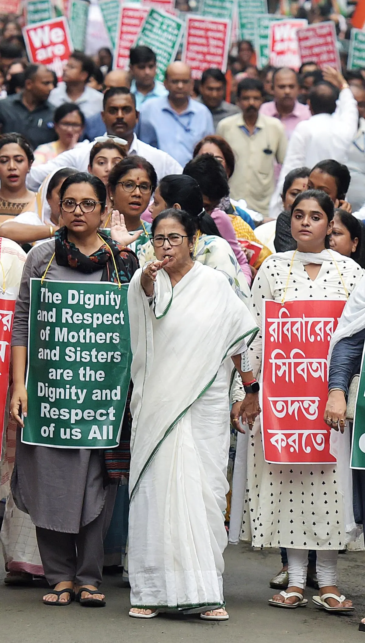 Mamata Banerjee leads a protest march, seen largely as a face-saving gesture, in Kolkata on August 17. Mamata Banerjee leads a protest march, seen largely as a face-saving gesture, in Kolkata on August 17.