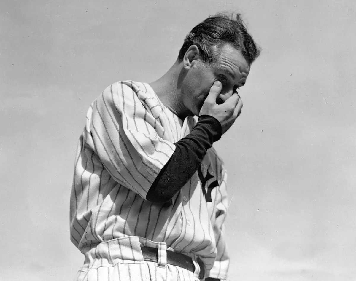 The New York Yankees’ baseball team’s Lou Gehrig wipes away a tear while speaking at a tribute function held for him at the Yankee Stadium in New York on July 4, 1939, a month after he was diagnosed with amyotrophic lateral sclerosis. The disease is also known as Lou Gehrig’s disease. The New York Yankees’ baseball team’s Lou Gehrig wipes away a tear while speaking at a tribute function held for him at the Yankee Stadium in New York on July 4, 1939, a month after he was diagnosed with amyotrophic lateral sclerosis. The disease is also known as Lou Gehrig’s disease.