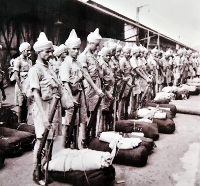 An undated photograph of Indian sepoys preparing to leave for East Africa during the First World War. An undated photograph of Indian sepoys preparing to leave for East Africa during the First World War.