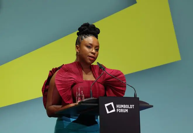 The Nigerian writer Chimamanda Ngozi Adichie at the opening of the Ethnological Museum in the Humboldt Forum on September 22, 2021 in Berlin, Germany. The Nigerian writer Chimamanda Ngozi Adichie at the opening of the Ethnological Museum in the Humboldt Forum on September 22, 2021 in Berlin, Germany.