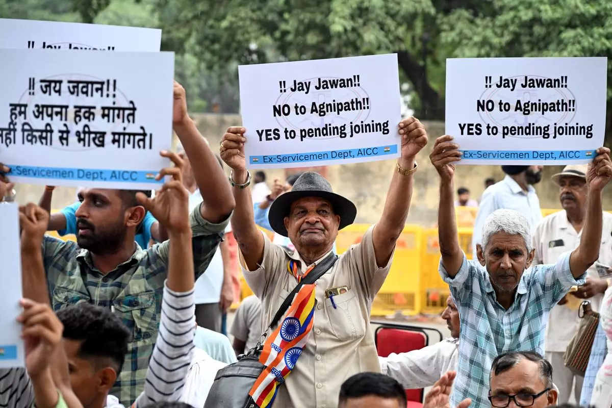 Ex-Servicemen Department (AICC) staging a protest against the Agnipath scheme in New Delhi in June.