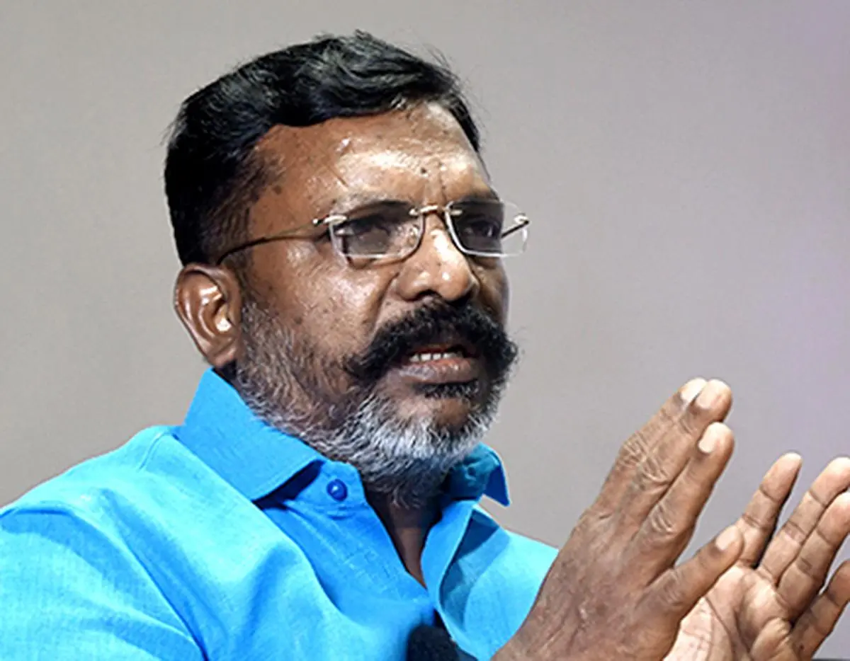 VCK leader Thol. Thirumavalavan speaking to the media in Chennai on March 23.