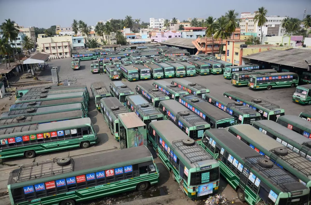 Buses standing in Jansonpet bus depot at Salem on January 5, 2018. Unions said that staff shortages prevent buses from operating at full capacity, leaving many parked in workshops.