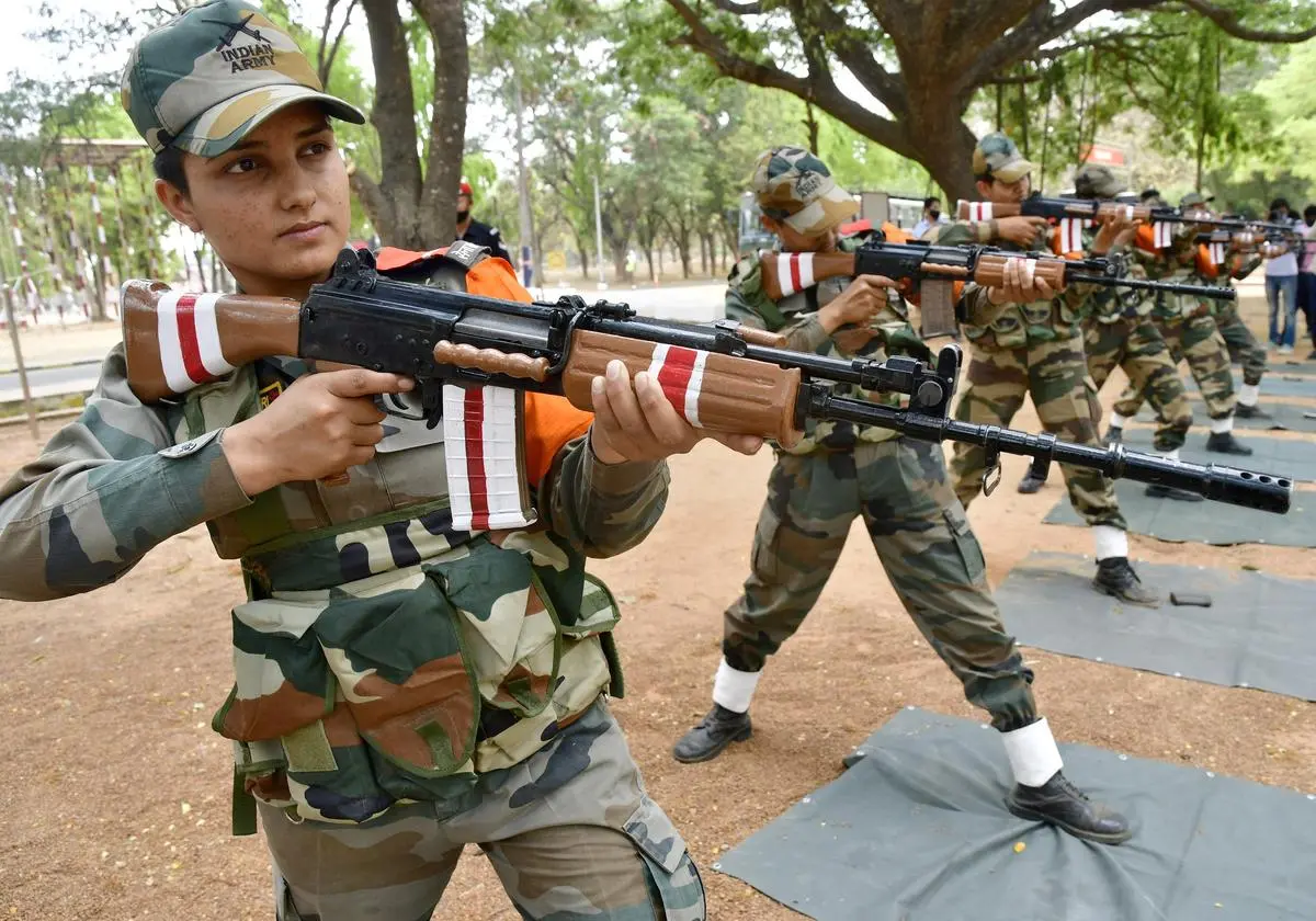 The Indian Army’s first batch of 99 women military police trainees training at the Corps of Military Police in Bengaluru in March 2021.
