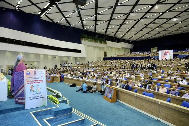Union Finance Minister addresses a gathering during the fifth GST Day celebrations at Vigyan Bhawan, New Delhi, on July 1.