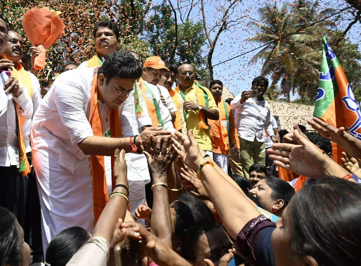 Tejasvi Surya, the Bengaluru South BJP candidate, at a rally before filing his nomination papers, in Bengaluru on March 3.