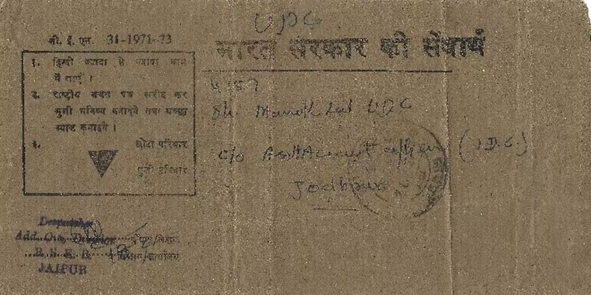 An envelope with messages on Hindi, family planning and small savings mailed from Jaipur to Jodhpur in 1971