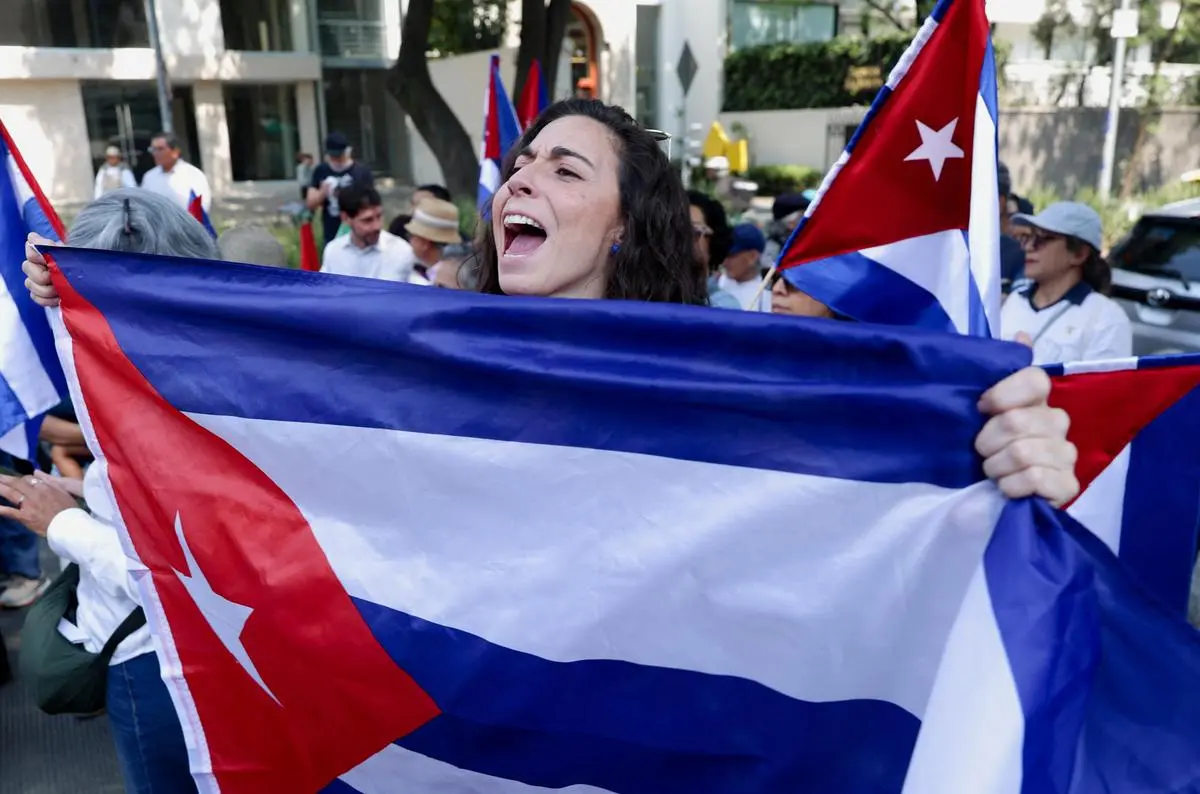 At a demonstration outside the Cuban embassy in Mexico City, Mexico, after the US blocked fuel supply to Cuba and Cuba announced rationing measures, on February 15, 2026.