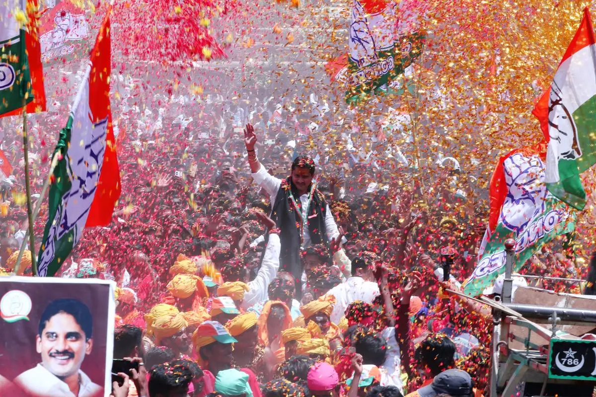 Nara Bharat Reddy, the Congress candidate for Ballari City constituency, in a massive rally before filing his nomination papers on April 18, 2023, in Karnataka.