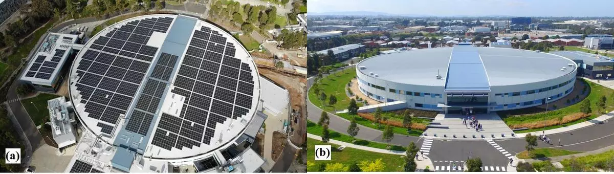 (Left) The main Australian Synchrotron building after solar panels were installed on its iconic circular roof. (Right) The building before it went solar. 