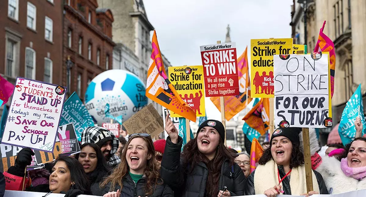 A teachers’ protest in central London, on February 1, 2023. The Education Policy Institute says that in England retention rates for the first 10 years of service are “plunging”, with about 40 per cent of the 2010 cohort of teachers having left by 2020.
