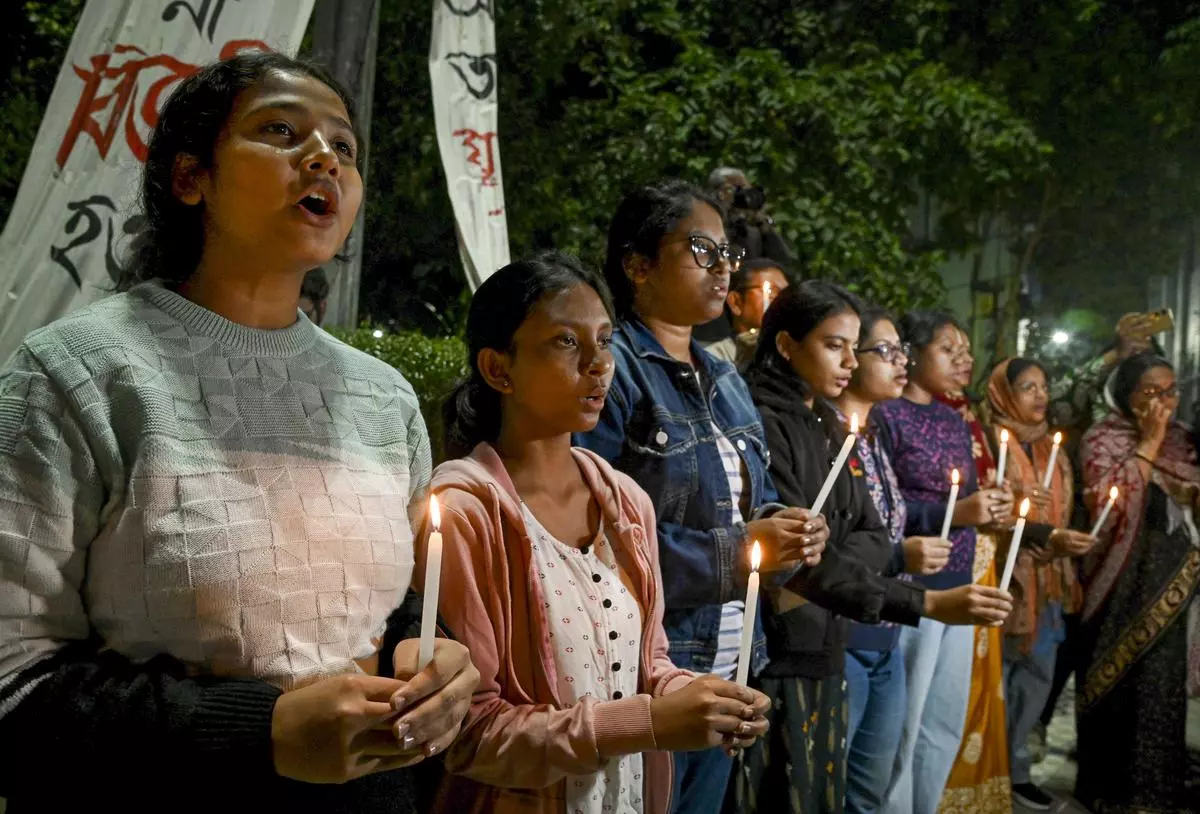 Junior doctors gather at RG Kar Medical College & Hospital, Kolkata, to pay tribute at a memorial marking four months since the rape and murder of a trainee doctor on December 9, 2024.