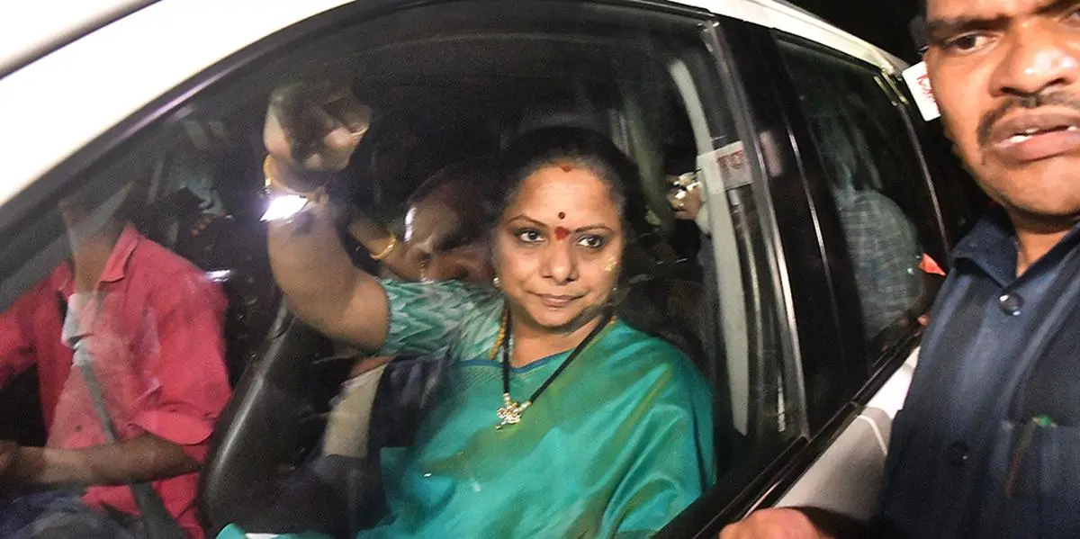 Kalvakuntla Kavitha, former Chief Minister K. Chandrashekar Rao’s daughter, being taken into custody by the ED in Hyderabad on March 15, 2024, in connection with the Delhi liquor case. After her arrest, the BRS toned down its criticism of the BJP.