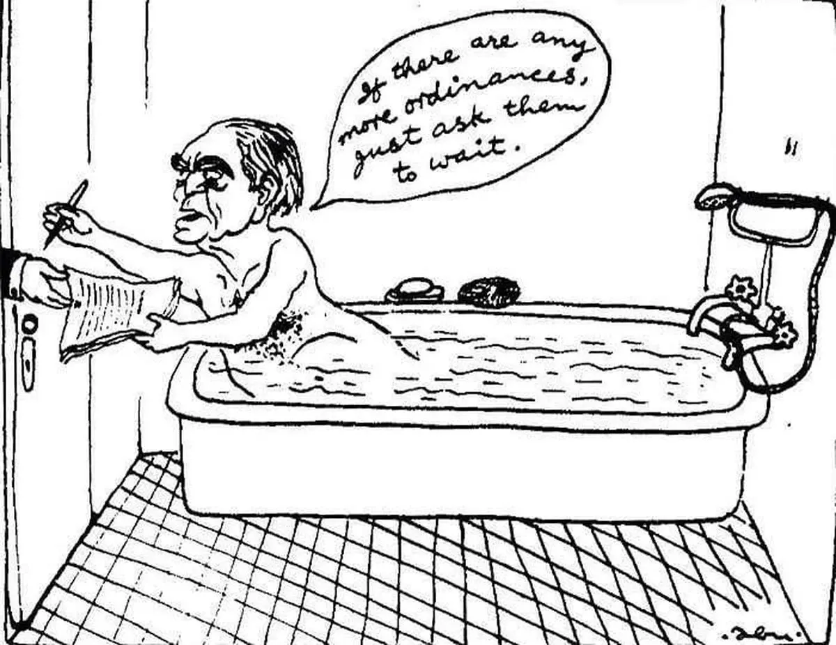 One of Abu Abraham’s most popular cartoons in The Indian Express, showing President Fakhruddin Ali Ahmed signing the declaration of Emergency in 1975 from his bathtub.