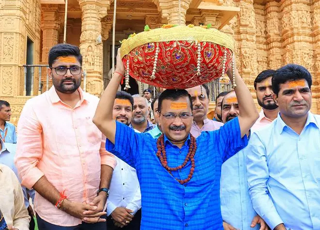 Arvind Kejriwal on a visit to Somnath Temple in Gujarat on July 26.
Kejriwal and his party’s star campaigners have been visiting Hindu temples in poll-bound States. Arvind Kejriwal on a visit to Somnath Temple in Gujarat on July 26.
Kejriwal and his party’s star campaigners have been visiting Hindu temples in poll-bound States.