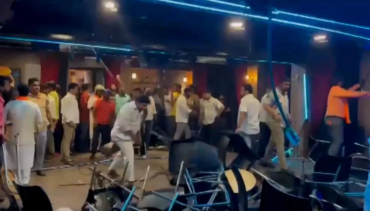 Videograb showing Shiv Sena workers vandalising the venue of Kunal Kamra’s show in Mumbai‘s Khar area on March 23.