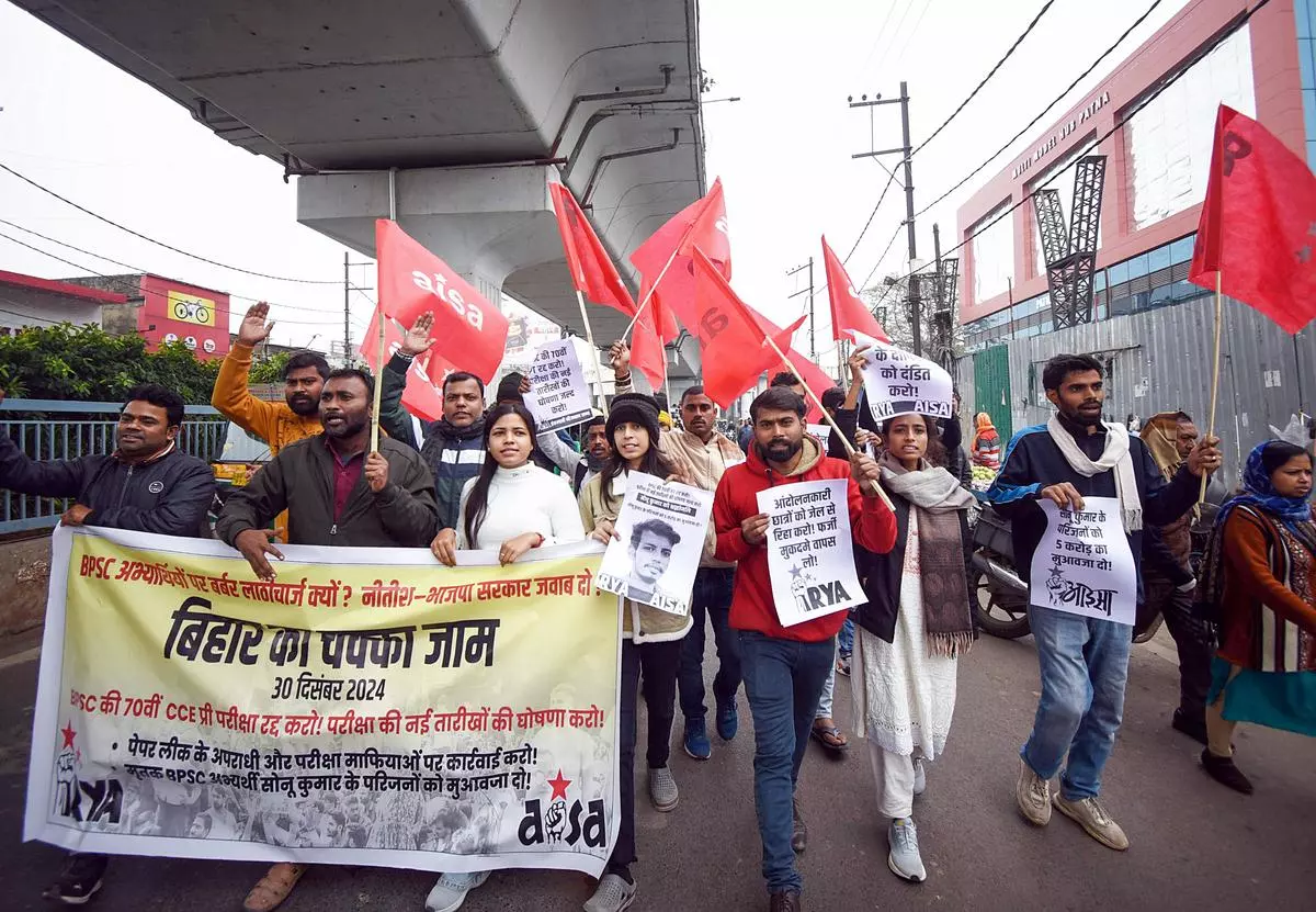 All India Students Association members hold a protest march, in Patna on December 30, 2024.