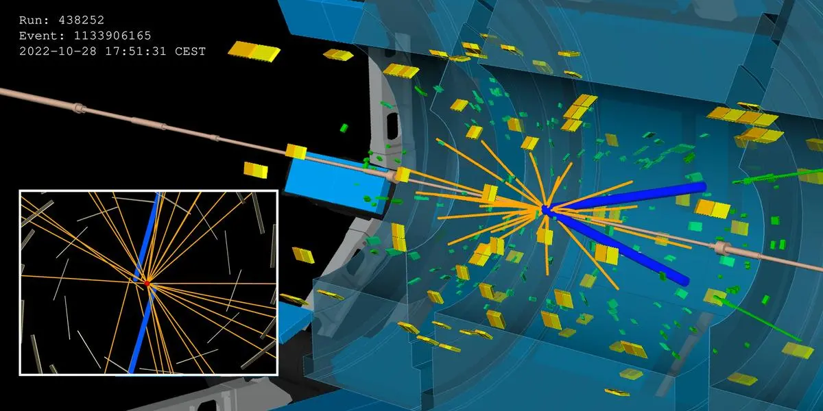 Display showing a collision event recorded by the ATLAS detector at an energy of 13.6 TeV, featuring two candidate dis- placed electrons each represented by a track (blue lines) that points to an energy de- posit in the ATLAS calorimeter (green). The inset shows an axial view of the detector, illustrating the electron tracks displaced from the interaction point (red circle) by a few mm.