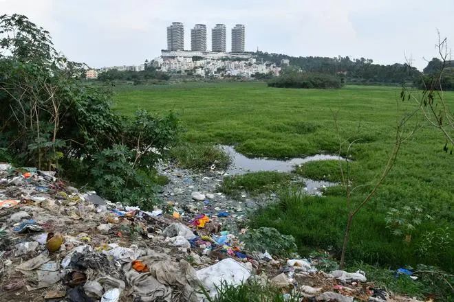 A garbage pile near the weed-covered Hosakerehalli lake just before the monsoon last year. A garbage pile near the weed-covered Hosakerehalli lake just before the monsoon last year.