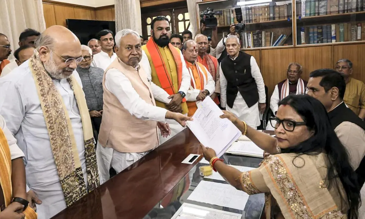 Bihar Chief Minister Nitish Kumar, in the presence of Union Home Minister Amit Shah, files nomination papers for the Rajya Sabha election in Patna with State Deputy Chief Ministers Samrat Choudhary and Vijay Kumar Sinha on March 5, 2026. The latest Rajya Sabha polls revived debates on party discipline, whip enforcement, and the limited applicability of the Anti-Defection Law in the Upper House election.