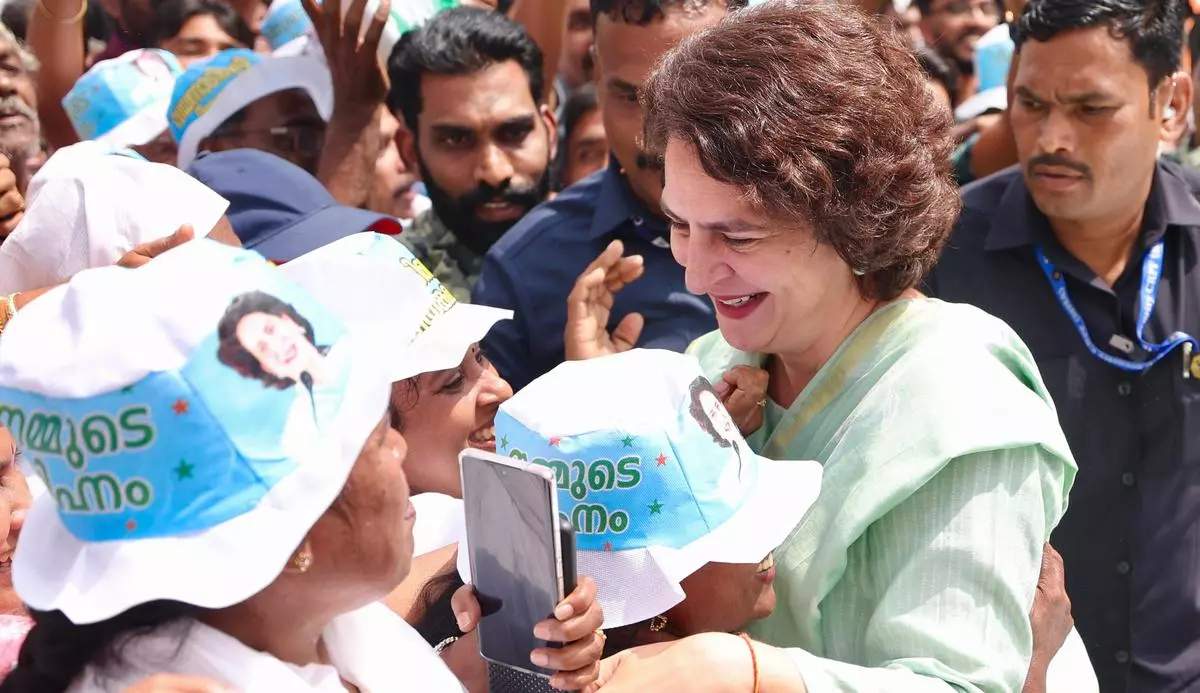 Priyanka Gandhi, the Congress candidate for the byelection to the Wayanad parliamentary constituency, interacting with young voters at Mananthavady in Wayanad on November 3.