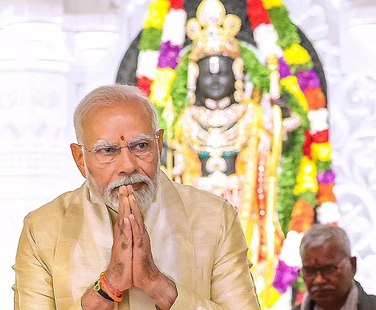 Prime Minister Narendra Modi during the pran pratishtha rituals at the Ram Mandir, in Ayodhya on January 22, 2024. Deb says that the Lok Sabha result in Faizabad shows that the promise of the Hindu Right’s civilisational project is wearing thin, even among Hindus who previously supported the BJP.