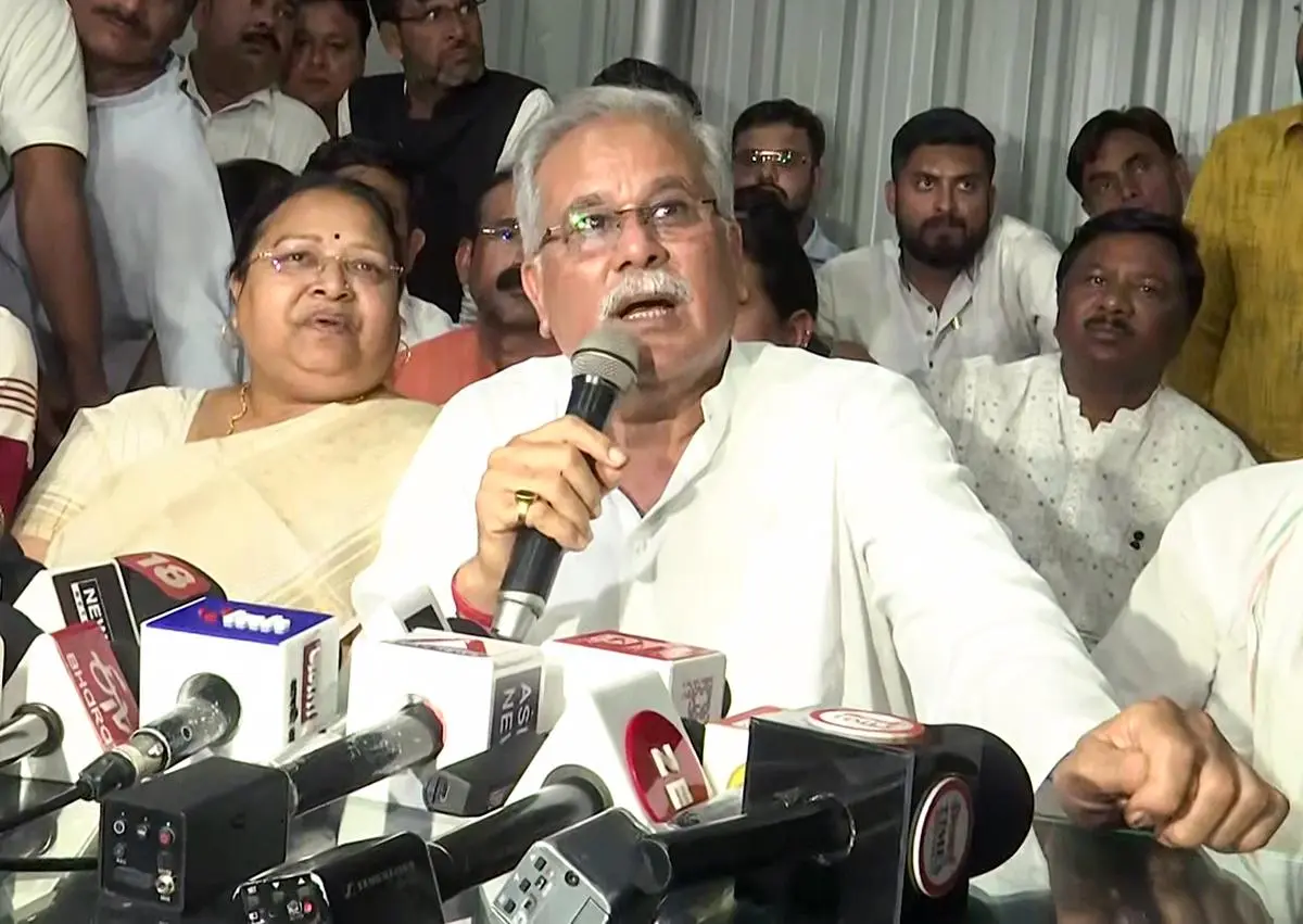 Bhupesh Baghel, former Chhattisgarh Chief Minister, speaking to mediapersons after the ED searches at his residence, in Durg, on March 10, 2025. He accused the BJP of misusing the ED to tarnish political leaders. 