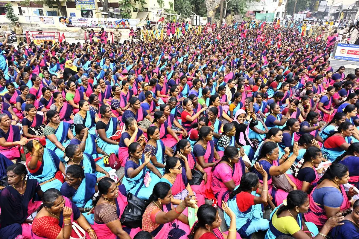Anganwadi workers stage a protest demanding better wages, in Madurai on December 6, 2025. Anganwadi and ASHA workers hold up India’s public health system but yet are treated as expendable.