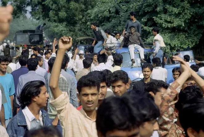 Students protest in Delhi against the implementation of the Mandal Commission recommendations. Students protest in Delhi against the implementation of the Mandal Commission recommendations.