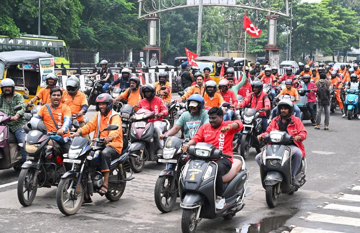 Members of the All India Gig Workers Union, affiliated to the CITU, taking out a rally demanding immediate reinstatement of gig workers, who they alleged were illegally terminated from services, among other demands, in Visakhapatnam, Andhra Pradesh, on September 9, 2025.