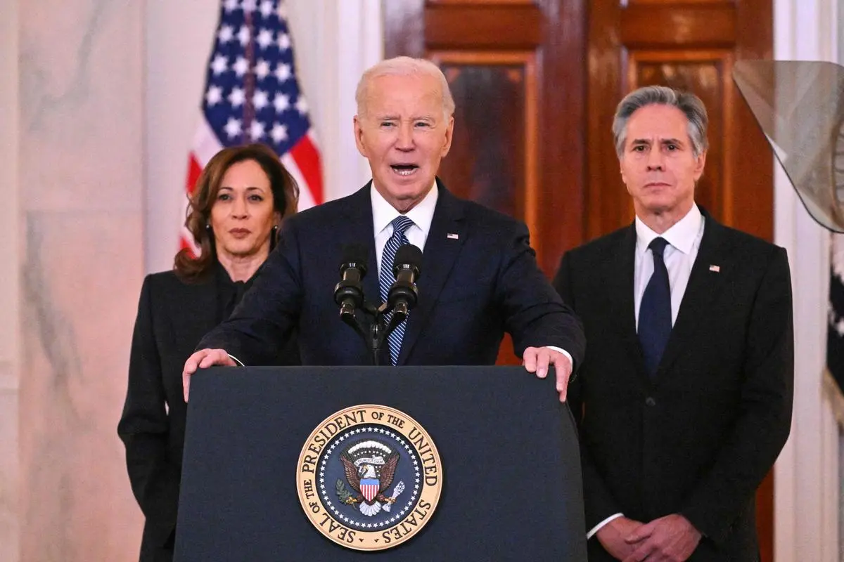 US President Joe Biden, alongside Vice President Kamala Harris and Secretary of State Antony Blinken, speaks about the Israel-Hamas ceasefire and hostage release deal on January 15, 2025.  US President Joe Biden, alongside Vice President Kamala Harris and Secretary of State Antony Blinken, speaks about the Israel-Hamas ceasefire and hostage release deal on January 15, 2025.