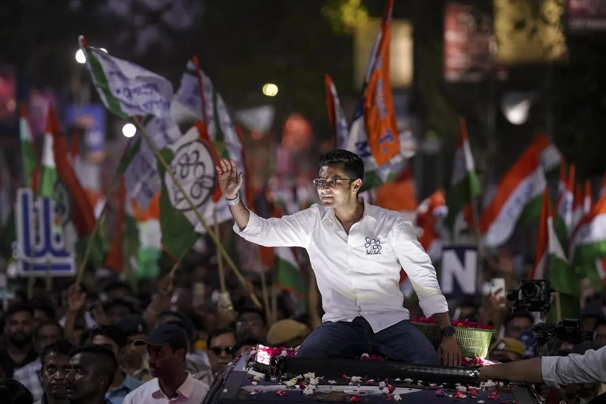 Trinamool leader Abhishek Banerjee during a roadshow ahead of the Assembly election, in Howrah district, on April 25, 2026.