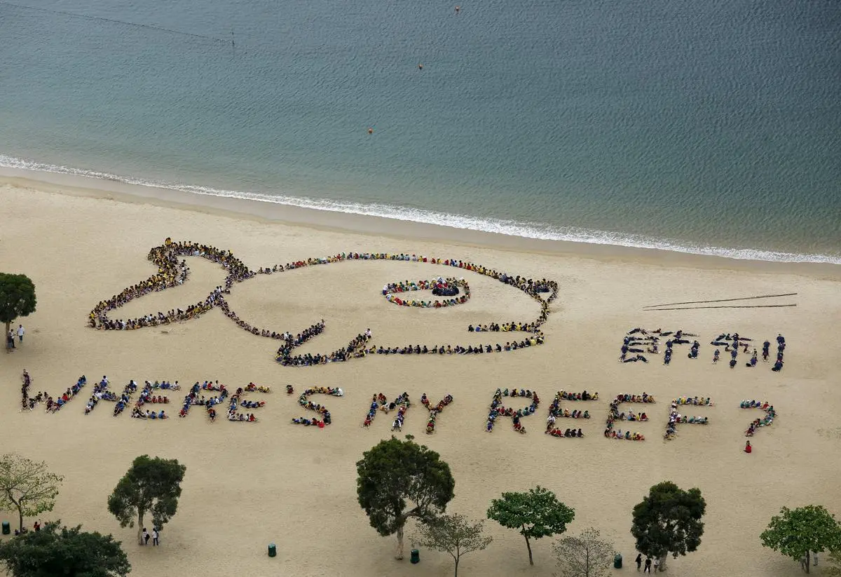 Schoolchildren, teachers and volunteers form the shape of a fish with a sad face alongside Chinese characters that read “Refrain” at Repulse Bay in Hong Kong on April 23, 2015.  The event was aimed at raising awareness about marine conservation. Coral reefs could vanish in as little as a decade, warned a landmark UN report by global experts in 2024.