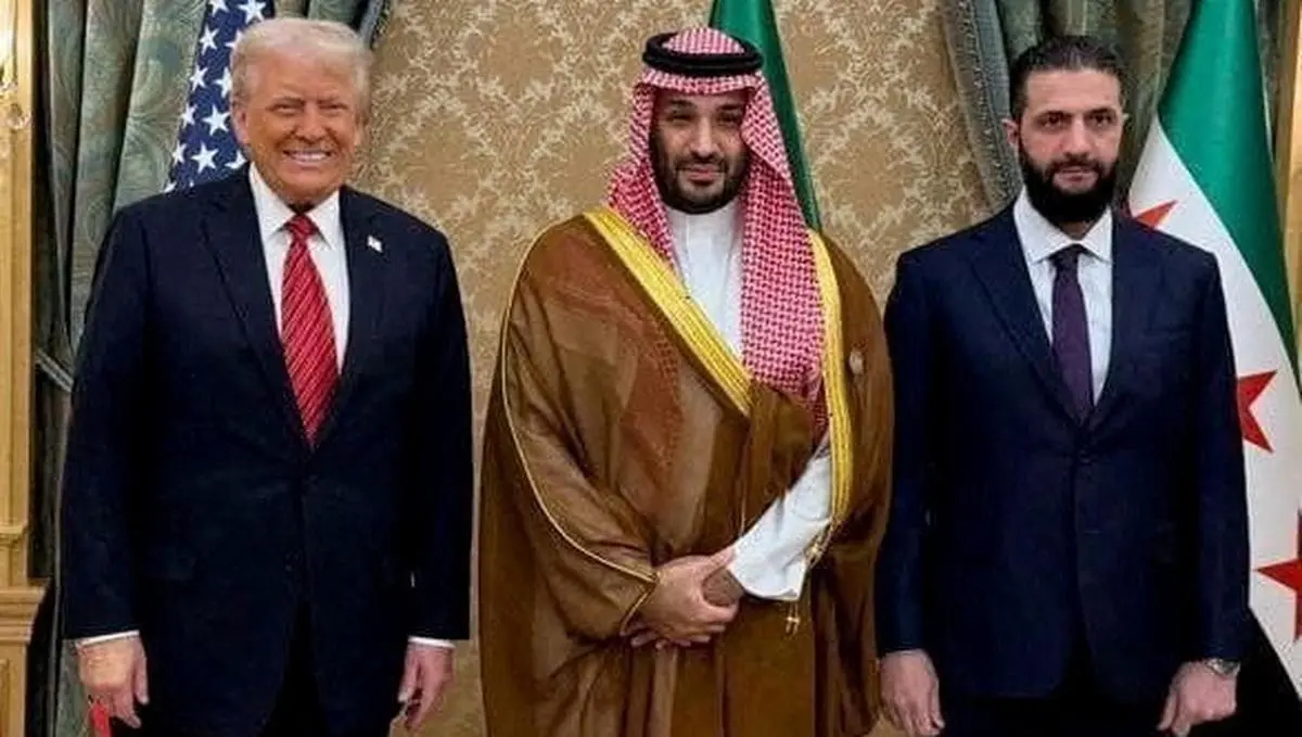 Donald Trump with Saudi Crown Prince Mohammed bin Salman and Syrian President Ahmad al-Sharaa in Riyadh.  